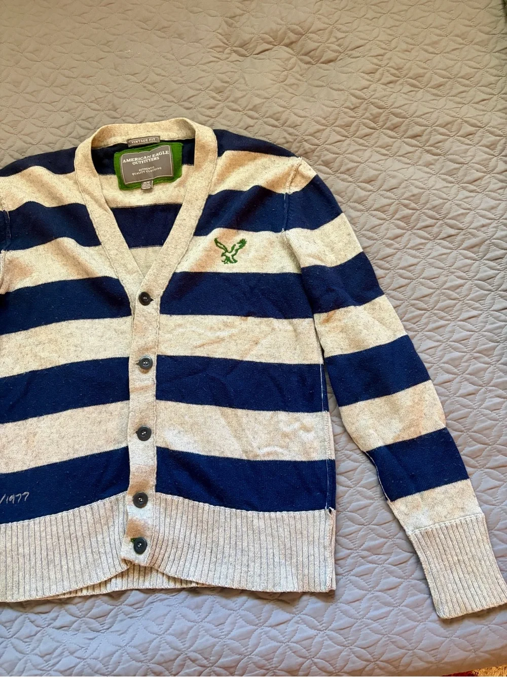 American Eagle Outfitters Navy & Cream Striped Men’s Button Cardigan